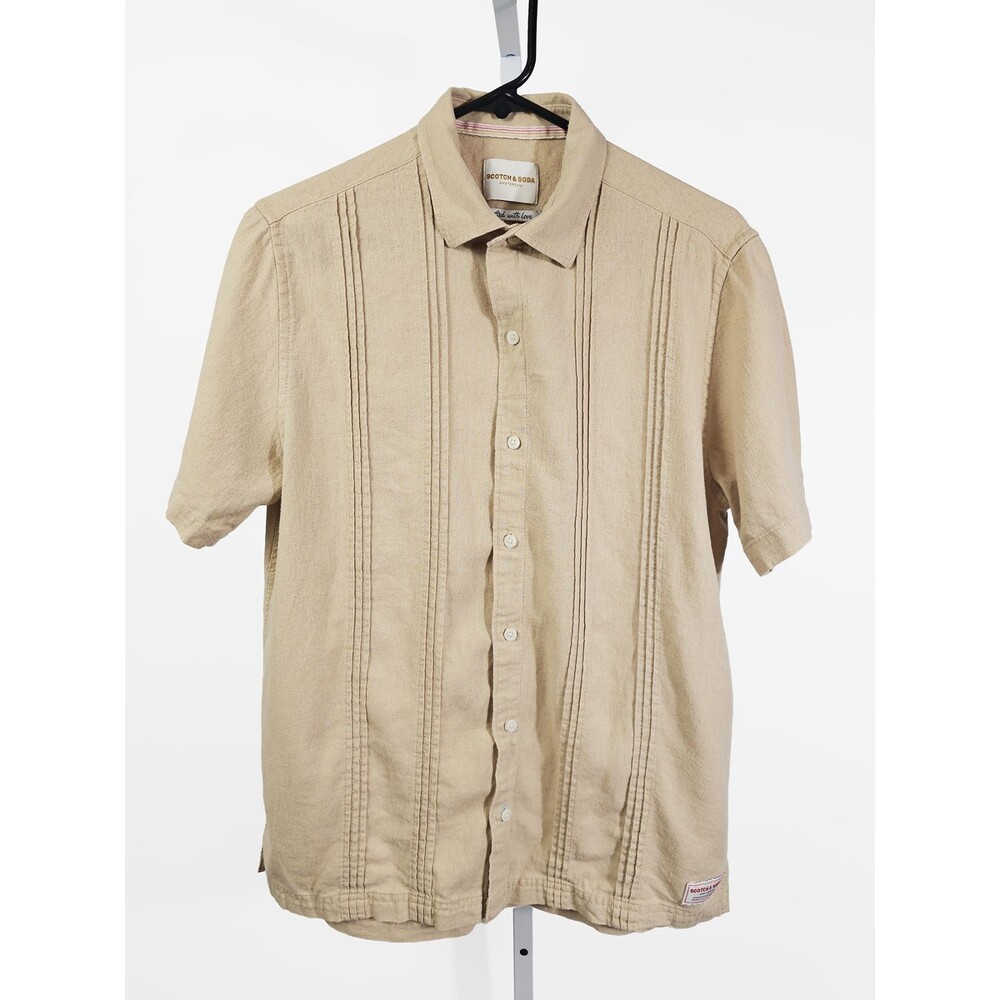 Scotch and Soda Medium Men's Beige Pintuck Linen Blend Short Sleeve Button Down